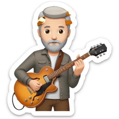 a short grey hair, with long side beard chop, middle age metal head with a classic epiphone eletric guitar sticker