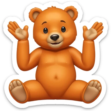 Create a orange friendly bear, make him look like from a kid cartoon and make him smile. Show his whole body. Make him look shy and cross his leg while pointing his index finger towards each other sticker
