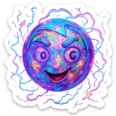 Make the Uranus emoji more eccentric with an opal-like iridescent texture. Add wild, electric, chaotic energy and a playful, unconventional face. Keep the background transparent. sticker