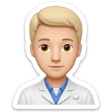 male pharmacist portrait, head and shoulders only, wearing a pharmacy apron, friendly expression, medicine shelves visible in background, retail pharmacy vibe, 3D cartoon, mobile game icon style, no text, no watermark
 sticker