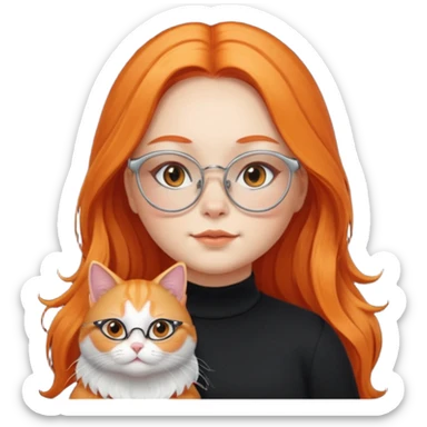 girl with chubby cheeks, very long orange hair, and silver cat-eye glasses. Black clothes. Without cat or cat ears sticker