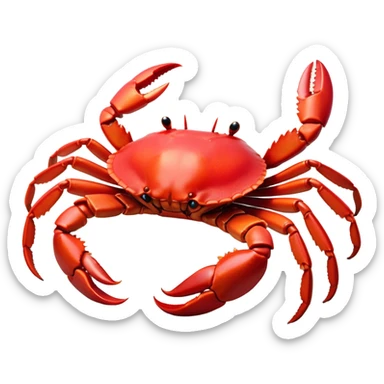 Cinematic Noble Red Crab Portrait Emoji, Poised and commanding, with a sturdy, angular exoskeleton of vivid scarlet red and sharply defined pincers, deep-set, intense eyes on stalks, Simplified yet sharp and sophisticated features, highly detailed, glowing with a soft, oceanic glow, high shine, intelligent and formidable, stylized with an air of coastal authority, focused and alert, soft glowing outline, capturing the essence of a watchful crustacean guardian that appears ready to scuttle out of the screen with determined power! sticker