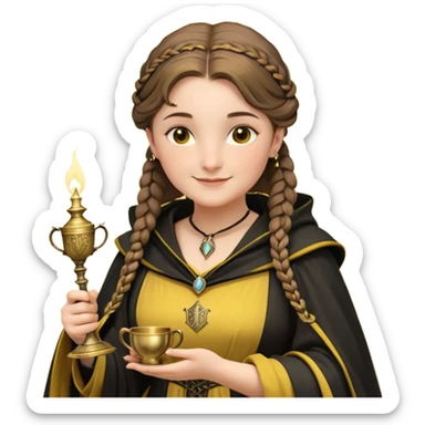 Helga Hufflepuff,the Hogwarts founder of Hufflepuff,brown-haired,2braids,yellow-black medieval dress with black cloak decorated with gold braiding,flickering magic wand and tiny two-handled shiny gold cup engraved with the badger silhouette,very kind smile,curvy busty sweet sticker