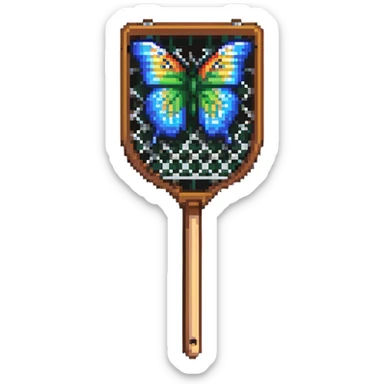 A colorful butterfly net with a wooden handle, badge style sticker
