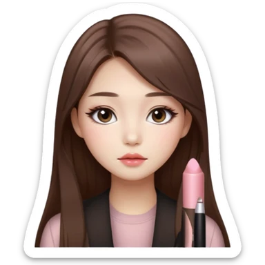 “korean straight long brown hair Emoji girl, soft eyeliner and blush, gradient lips, light brown shimmer eyeshadow sticker