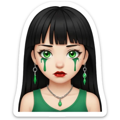 Guria com cabelo preto franjinha sangrando olhos verdes  fundo preto e um piercing bridgepiercing sticker