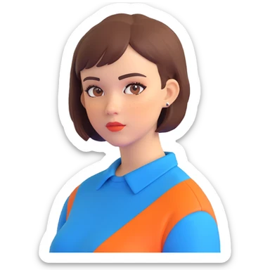 profile picture of a 22-year-old girl with short hair, cool tone makeup, blue shirt sticker