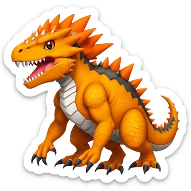 Black Agumon-Tyrunt-Tyrantrum-Fakémon-creature-hybrid with orange belly (full body) sticker