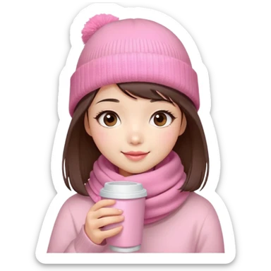 Cute East Asian girl, soft fair skin, big brown eyes, long lashes, natural pink lips, inward brown bob with straight bangs. Wearing pink beanie and scarf, rosy cheeks, shy smile, holding warm drink,  sticker