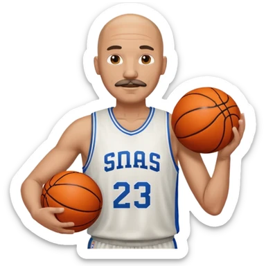 bald man basketball player white jersey with mustache holding basket ball sticker