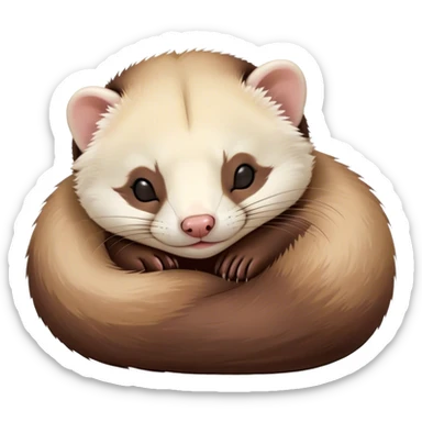 Meme-Worthy Cute Sleeping sable ferret Portrait Emoji, Head resting peacefully with a contented smile, showcasing a long, flexible body curled up in cozy repose, luxuriously soft fur in warm brown and cream, and eyes gently closed in serene slumber, Simplified yet hilariously adorable features, highly detailed, glowing with a soft, drowsy natural light, high shine, relaxed and utterly lovable, stylized with an air of playful laziness, bright and heartwarming, soft glowing outline, capturing the essence of a sleeping sable ferret that feels destined to become the next viral sensation of adorable rest! sticker