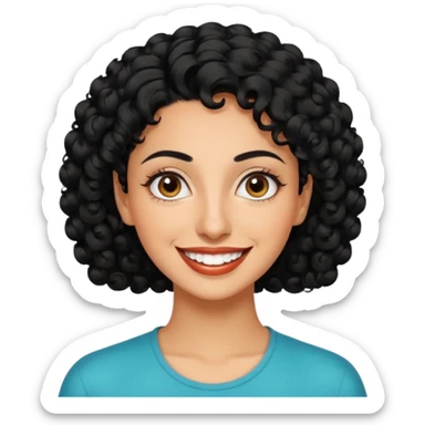 30 year old iranian woman very short curly black hair, big brown eyes, tanned skin, big smile, white teeth, pretty, stylish, shorter hair, boy cut hair sticker
