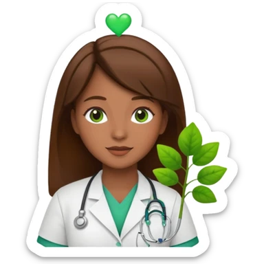 Brown hair Nurse with green heart and plant surround her  sticker
