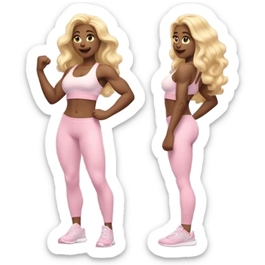 Woman, white skin, light skin, long hair, blonde hair, wavy hair, baby pink sports bra, baby pink leggings, flexing one arm up sticker