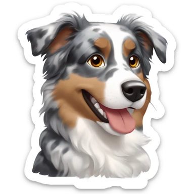 Blue merle Australian Shepherd with mostly gray and black fur, tan accents on cheeks, eyebrows, and legs, minimal white on the face and chest, bright brown eyes, black-tipped fluffy ears, big happy smile, and a red collar with tags. sticker