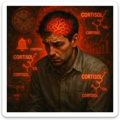 semi-realistic, moody lighting; man in his 30s, signs of chronic stress (tired eyes, tense, hunched), glowing 'Cortisol' symbols, reddish-orange aura; chaotic background (clocks, notifications, traffic, charts); brain visible with red-orange neural activity; symbolic surrealism, detailed expression sticker