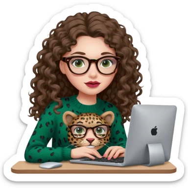 a european white young woman with long wavy/curly brown hair typing in a computer, she's using dark brown leopard glasses and knit green sweate, her lips are light red and her cheeks slightly pink sticker