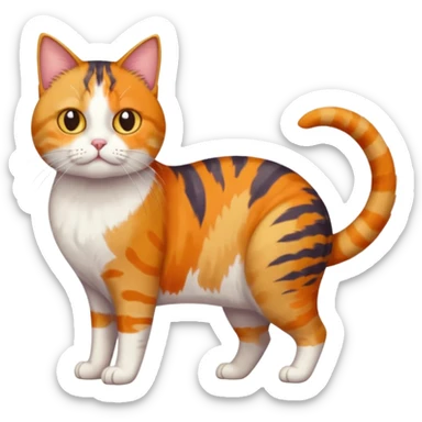 full body colourful calico tabby cat with skinny head and fat body with an anxious face sticker