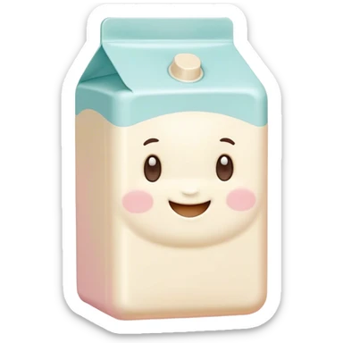 Cinematic adorable milk carton, soft pastel colors, tiny rounded edges, chubby smiling face, warm glowing highlights, gently tilting in a playful pose. sticker