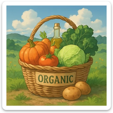 ghibli style basket of organic products with natural background sticker