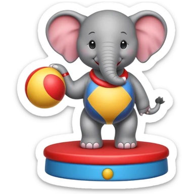 Create a cute emoji of a smiling cartoon elephant balancing a red patterned ball on its trunk while standing on a colorful circus platform. Use a simple, rounded emoji style with clean lines and bright colors. sticker