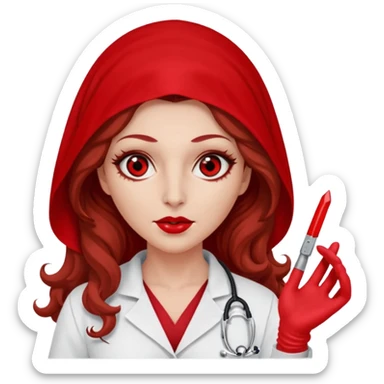 Lilith scalpel in hand, evil surgeon sexy surgeon clothes.  She has red eyes. She brown long curly hair. Wears sexy doctor outfit with red gloves. Wears red burka to hide her mouth and nose sticker