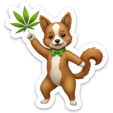 A dog with a piece of weed in his mouth standing on two legs hitting the dab sticker