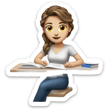 white girl studying at a white desk, brown hair, blue eyes, computer sticker