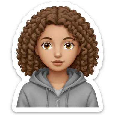 Woman, curly brown hair, hoodie, sticker