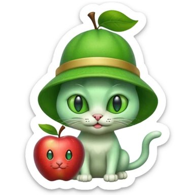 An alien cat with an apple hat with cash all around it sticker