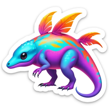 Exotic futuristic lush warm-colored neon tropical Fakémon-Fionbri-creature with cool-colored splash markings  sticker