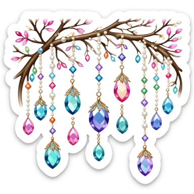 Exotic colorful romantic Few cute tiny Iridescent glistening glossy sparkly shiny glittery hanging crystals pearls and beads and gemstones scenery scenic decorations with branches and flowers sticker