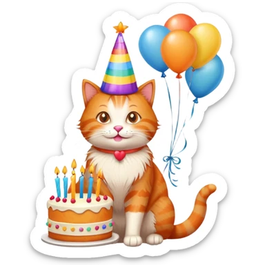 Ginger cat celebrates birthday, birthday hat, birthday cake, balloons, happy sticker