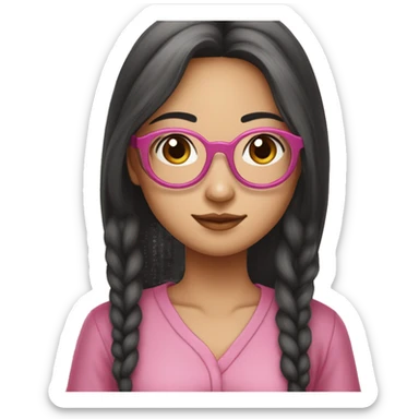 an oriental girl, with two dimples in left cheek, wear a round glasses (but not too round), aged 24, likes to wear pink, holding a macbook, hair is long and straight, she has a fair skin sticker