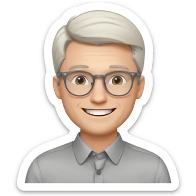 30 yr old pale white man, white/grey side swept stylish hair, round glasses, big smile, white teeth, handsome, longer hair, thin glasses, dress shirt sticker