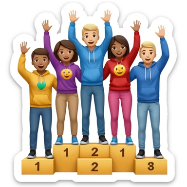 multi-racial group on a brown winners’ podium, middle step higher, no numbers, all in colorful jeans, t-shirts, and hoodies, excited, fun, expressive emoji style sticker