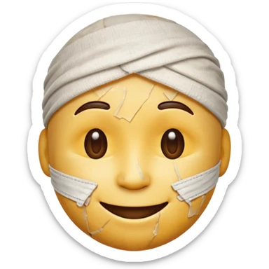 A battered emoji, bandaged head, scratches, but smiling sticker