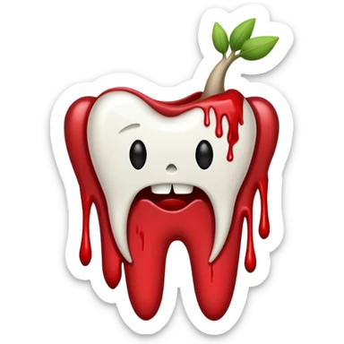 Minimalist emoji-style sticker of a pulled tooth with roots and a smear of blood at the base. Black and desaturated red colors. Flat, clean outline on white.
 sticker
