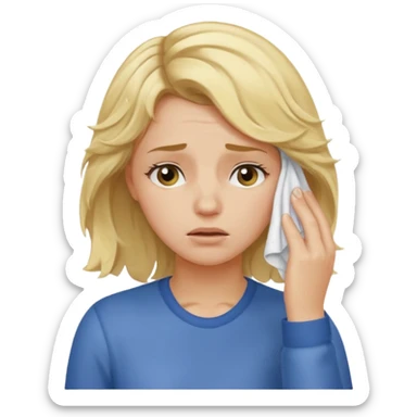 tired blond girl with lightly wavy hair, wipes away sweats from the forehead sticker