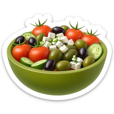 mediterranean salad bowl object icon, tomatoes, cucumbers, olives, feta cheese, olive oil dressing, 3D cartoon, mobile game icon style, clean background, no text, no watermark
 sticker