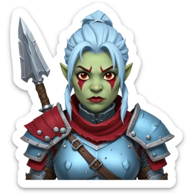 
Fantasy Christmas orc legion soldier icon, iron tundra army theme, heavy winter armor, disciplined brutal look, icy blue steel armor with deep crimson accents, frozen metal texture, cold winter atmosphere, female variant
 sticker
