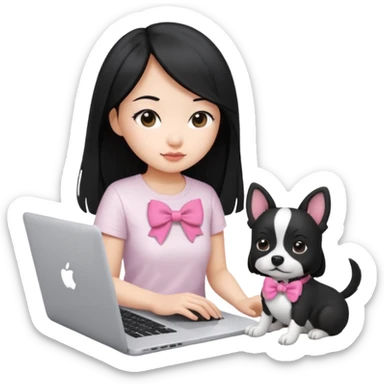 Asian girl long black hair, wearing a white t-shirt, working on an Apple laptop, next to her is a small black and white dog in pink bow sticker