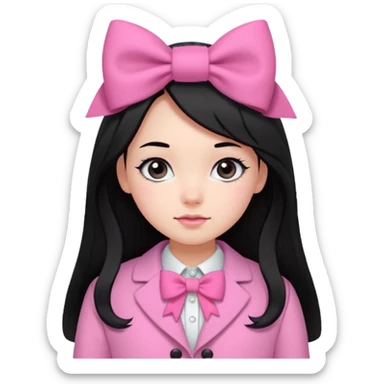 A cute girl, long black hair with 🎀, black eyes, wearing a pink coat and a pink shirt inside  sticker