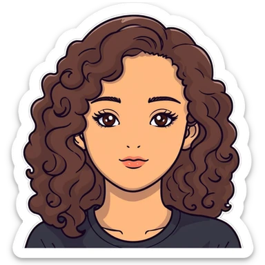 young woman with long curly brown hair, hazel eyes, long eyelashes sticker