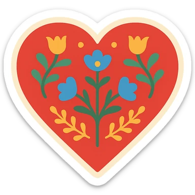 Red heart with Scandinavian folk art, minimalist nature motif, featuring bright folk colors and clean, simple floral elements. The design is easily recognizable when downsized and includes a border around the heart. sticker
