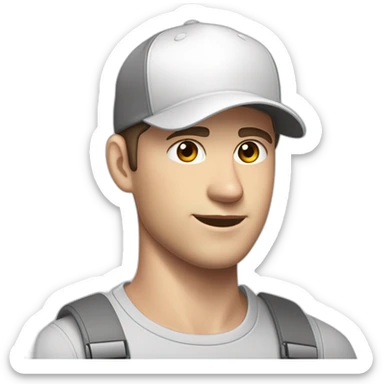 Pale skinned fit Man with dark brown hair in a white cap, gray jeans and gray polo T-shirt keeping a pasted with tape white box into his hands sticker