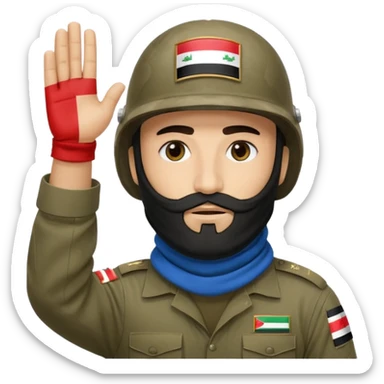 surrenders, depicts an Iraqi soldier from 1980, with a beard, in a helmet, a helmet with sign flag Iraq, with a balaclava, with sad eyes and both hands raised up sticker