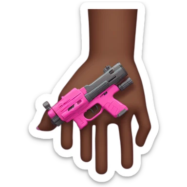 brown hand with pink nails holding large scary dark nerf gun sticker