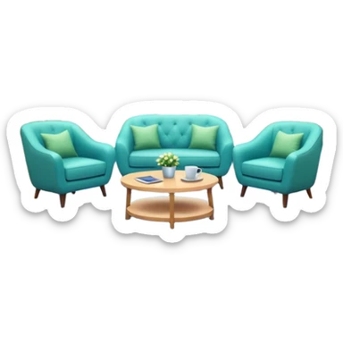 Morning entertainment TV studio, cozy talk show set with armchairs and couch, guests sitting area, round glass coffee table, warm pastel colors, green and blue lighting panels, festive decorations, friendly daytime TV atmosphere, realistic broadcast studio, no branding. sticker