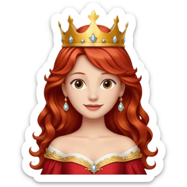 Red Haired Princess, Elegant Princess – long wavy red hair, gold crown, red-white gown, calm smile. sticker